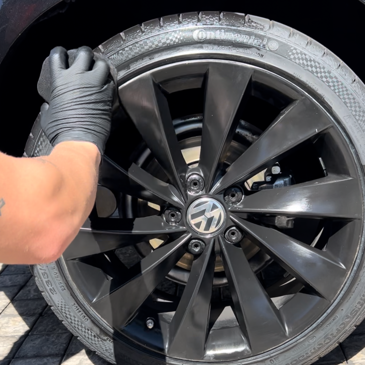 Clear Gel Tyre Shine, being applied, leaving best shine on VW Tyre